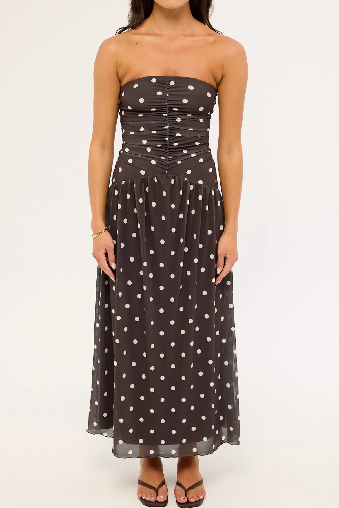 Issy Polka Mesh Midi Dress Brown Polka
