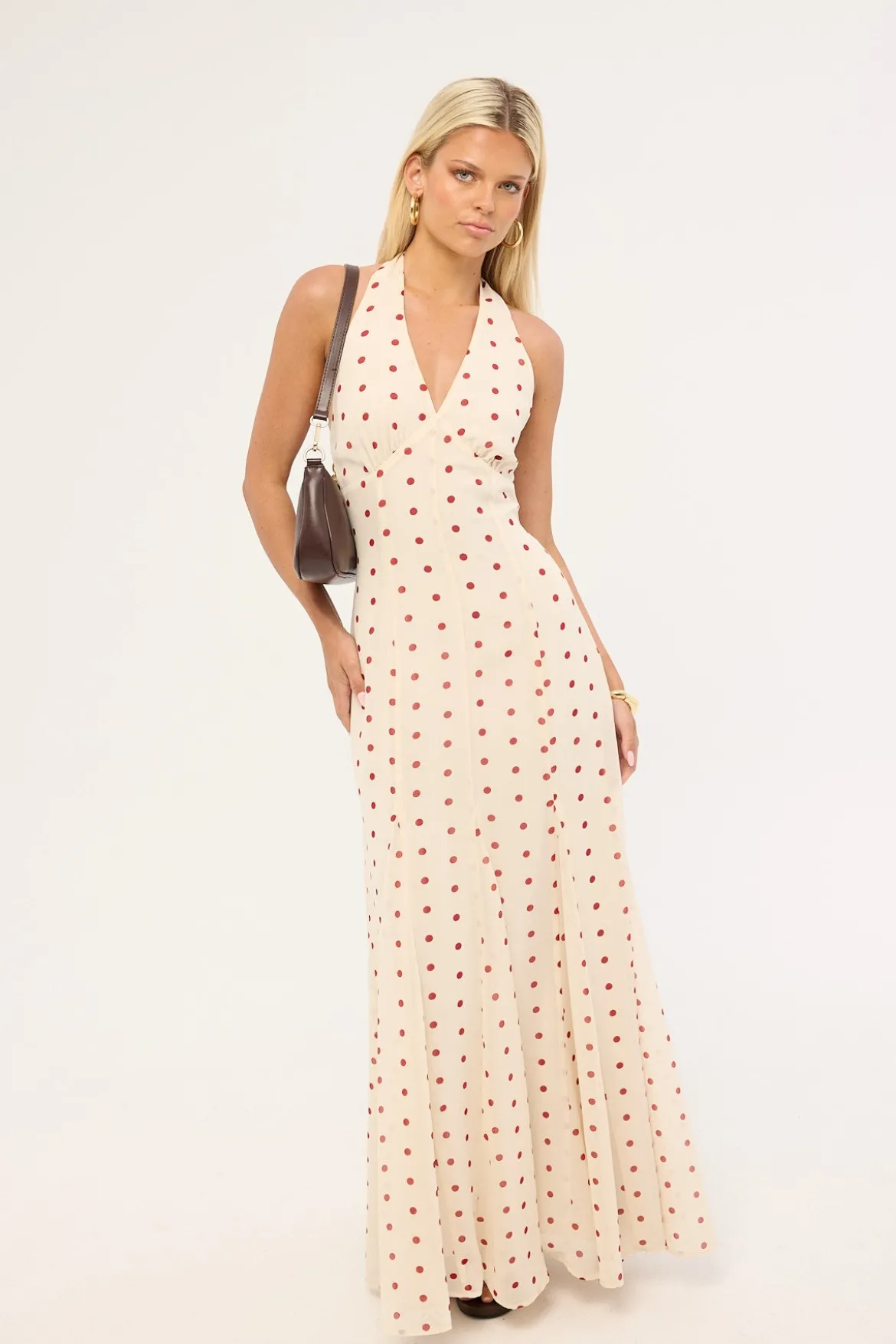 Ivana Halter Chiffon Maxi Dress Cream/Red Polka Dot