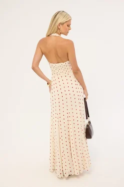 Ivana Halter Chiffon Maxi Dress Cream/Red Polka Dot