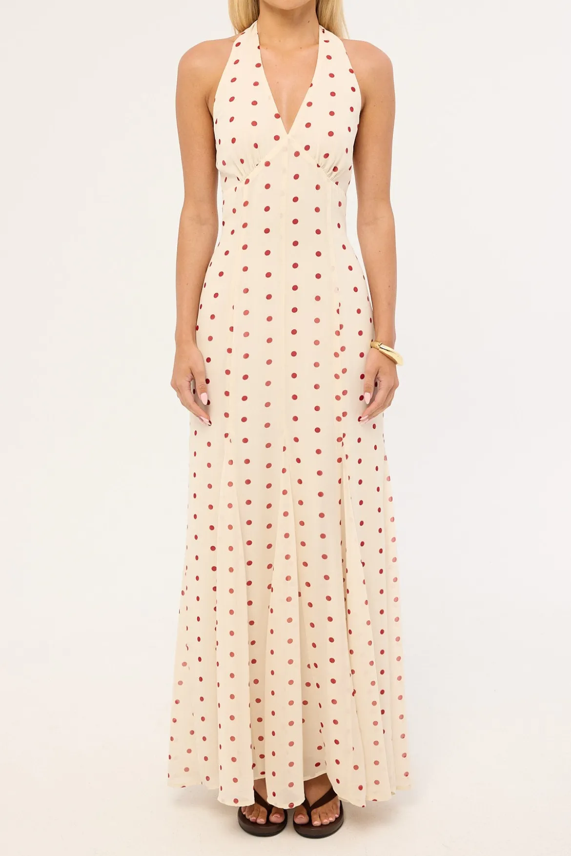 Ivana Halter Chiffon Maxi Dress Cream/Red Polka Dot