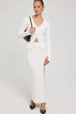 Kait Knit Midi Slip Skirt Off White