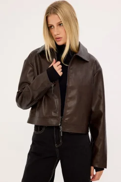 Kandice Pu Zip Up Jacket Dark Brown