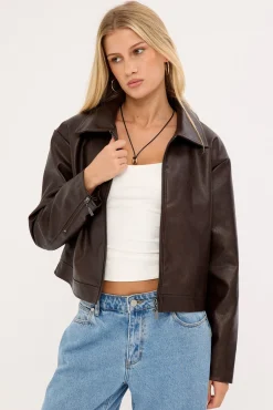 Kandice Pu Zip Up Jacket Dark Brown