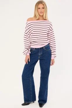 Kiki Slouched Off shoulder Knit Pink Stripe