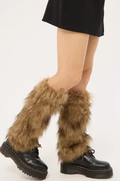 Knee High Faux Fur Leg Warmers Multi Brown