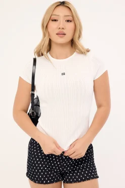 Knitted Cap Sleeve T-Shirt White