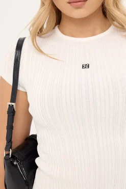Knitted Cap Sleeve T-Shirt White