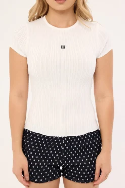 Knitted Cap Sleeve T-Shirt White