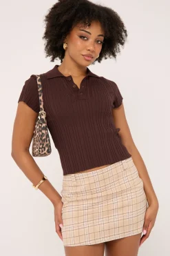 Knitted Polo Button Up Top Brown