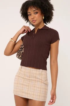 Knitted Polo Button Up Top Brown