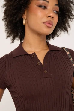Knitted Polo Button Up Top Brown