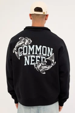 Koi Fish Quarter Zip Sweater Black