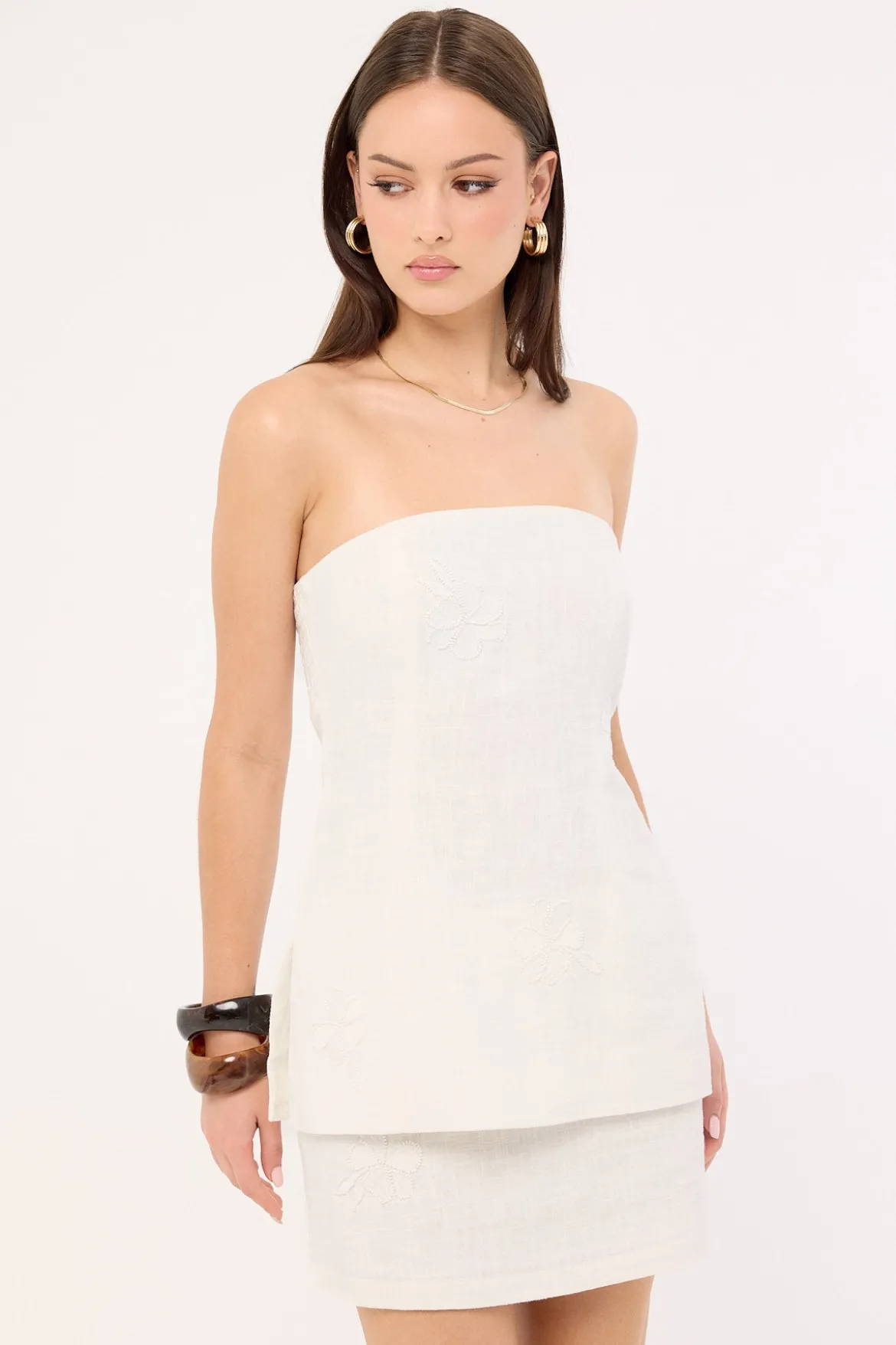 Kora Beaded Linen Strapless Top White