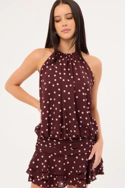 Kori Halter Mini Dress Burgundy Polka