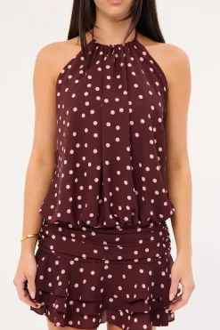 Kori Halter Mini Dress Burgundy Polka