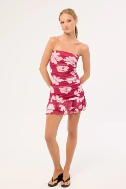 Kylo Mesh Strapless Mini Dress Fuchsia Pink Print