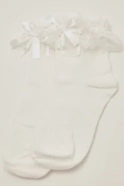 Lace Frill Bow Sock White