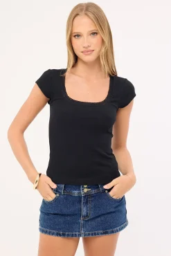 Lace Trim Cap Sleeve T-shirt Black