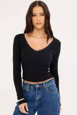 Lace Trim Long Sleeve T-shirt Black