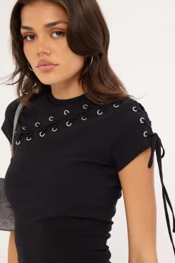 Lace Up Baby Tee Black