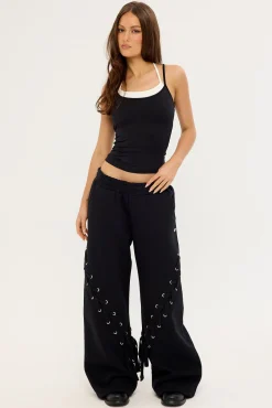 Lace Up Wide Leg Trackpant Black