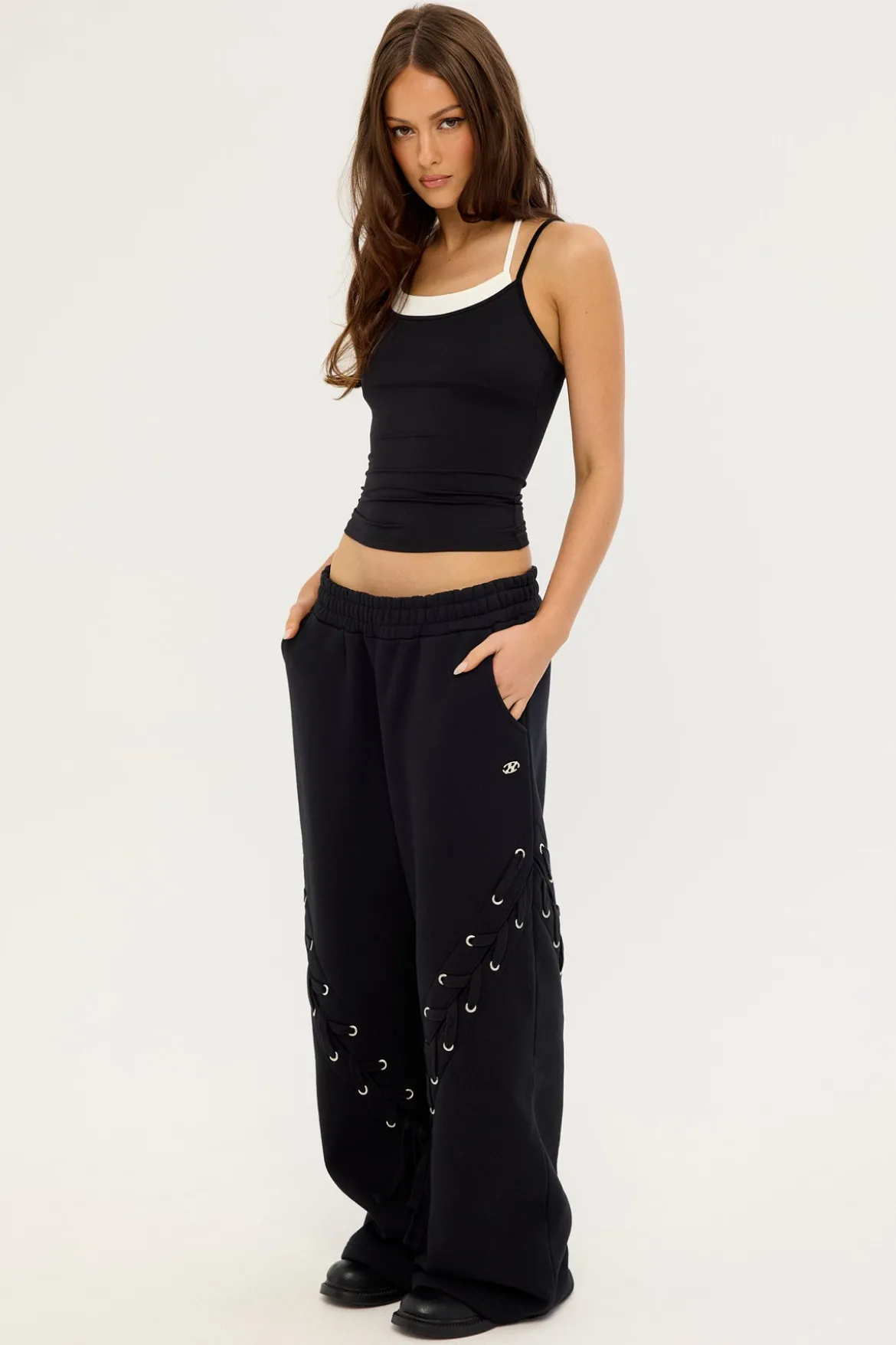 Lace Up Wide Leg Trackpant Black