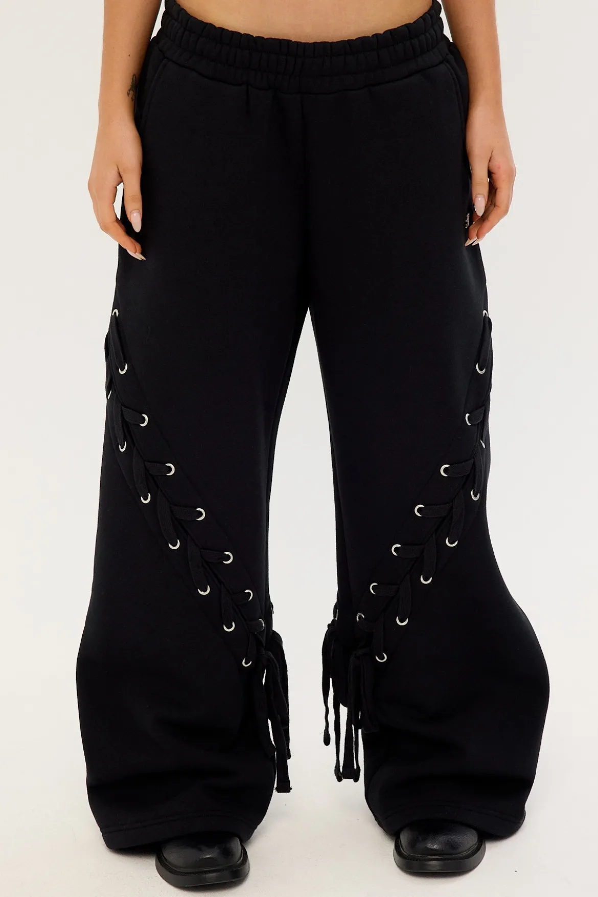 Lace Up Wide Leg Trackpant Black