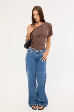 Leo Ruched Off Shoulder T-shirt Brown