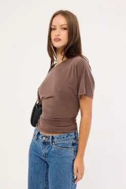 Leo Ruched Off Shoulder T-shirt Brown