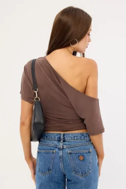 Leo Ruched Off Shoulder T-shirt Brown