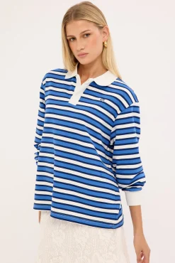 Leon Stripe Rugby Fleece Top Blue Stripe