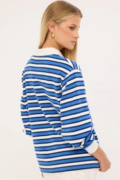 Leon Stripe Rugby Fleece Top Blue Stripe