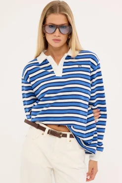 Leon Stripe Rugby Fleece Top Blue Stripe