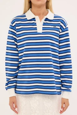 Leon Stripe Rugby Fleece Top Blue Stripe