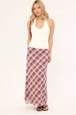 Linear Check Maxi Skirt Burgundy Print
