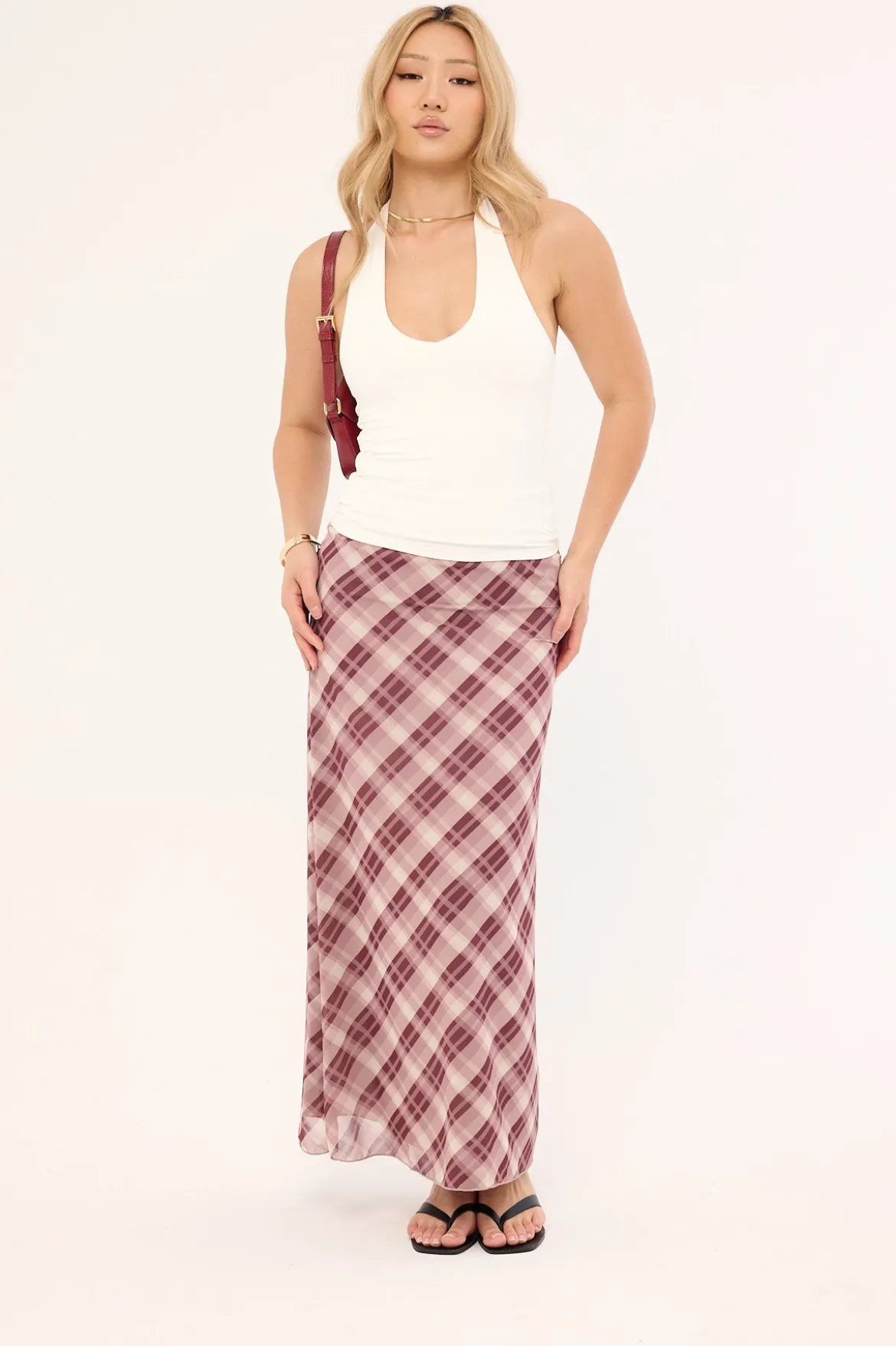 Linear Check Maxi Skirt Burgundy Print