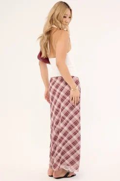 Linear Check Maxi Skirt Burgundy Print