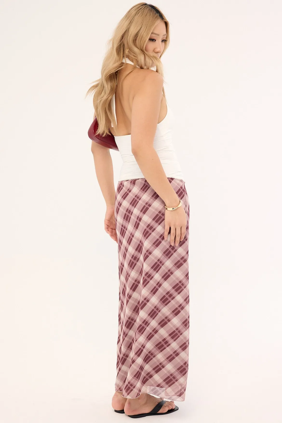 Linear Check Maxi Skirt Burgundy Print