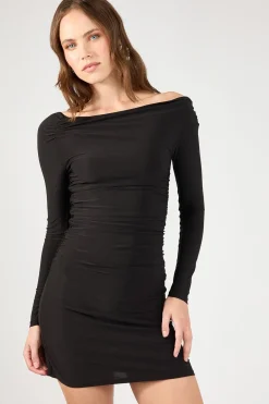Lola Ruched Long Sleeve Mini Dress Black