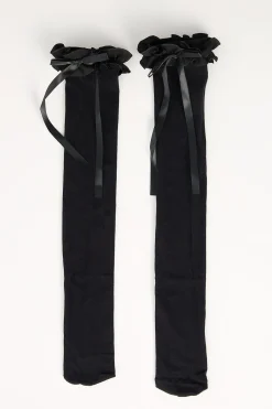 Long Lace Frill Bow Sock Black