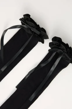 Long Lace Frill Bow Sock Black