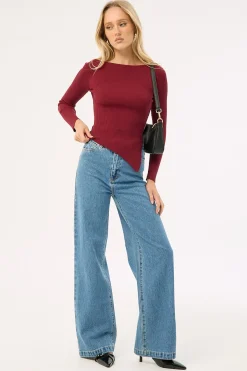 Long Sleeve Asymmetrical Knit Top Burgundy