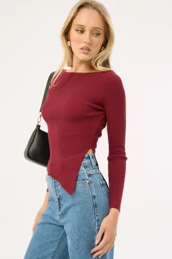 Long Sleeve Asymmetrical Knit Top Burgundy