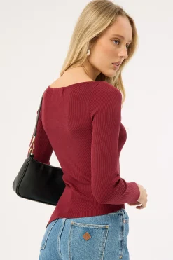 Long Sleeve Asymmetrical Knit Top Burgundy