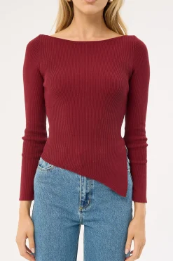 Long Sleeve Asymmetrical Knit Top Burgundy