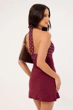 Lori Polka Mini Dress Burgundy Print