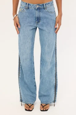 Low Riders Low Waist Wide Leg Zipped Denim Jeans Pretty Blue