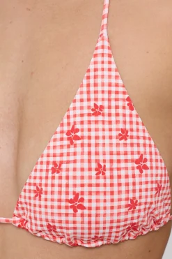 L&t Meadow Check Tie Back Bikini Top Red Print