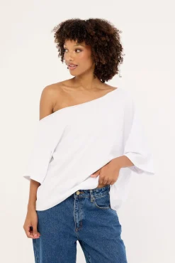 L&t Off Shoulder Relaxed Tee White