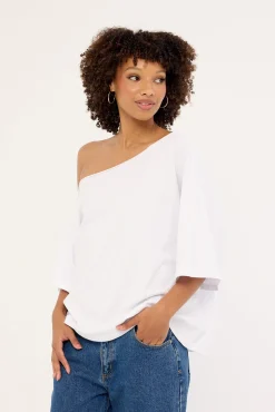 L&t Off Shoulder Relaxed Tee White